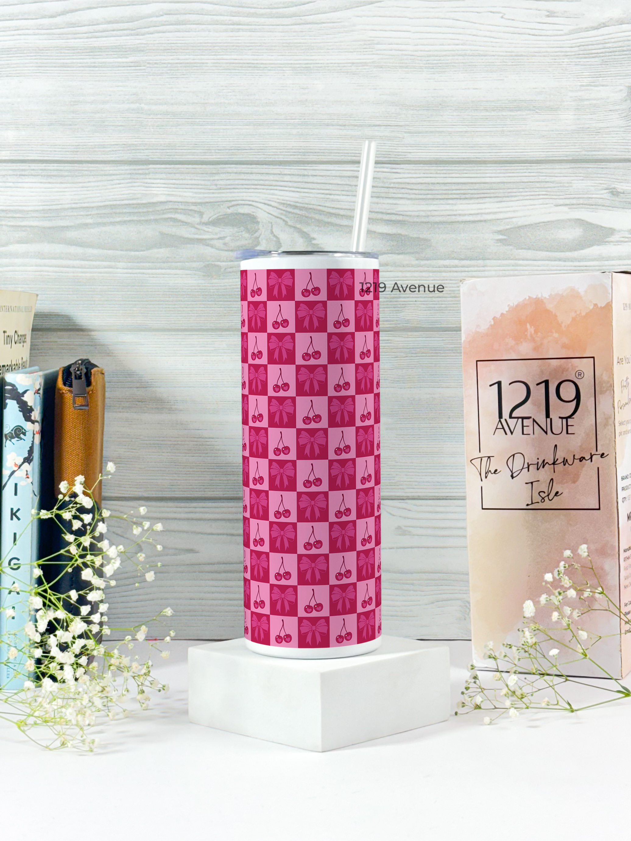 Colossal Tumbler 700ML with Straw | Cherry Print |Double Walled Insulated Tumbler 7-8 hrs