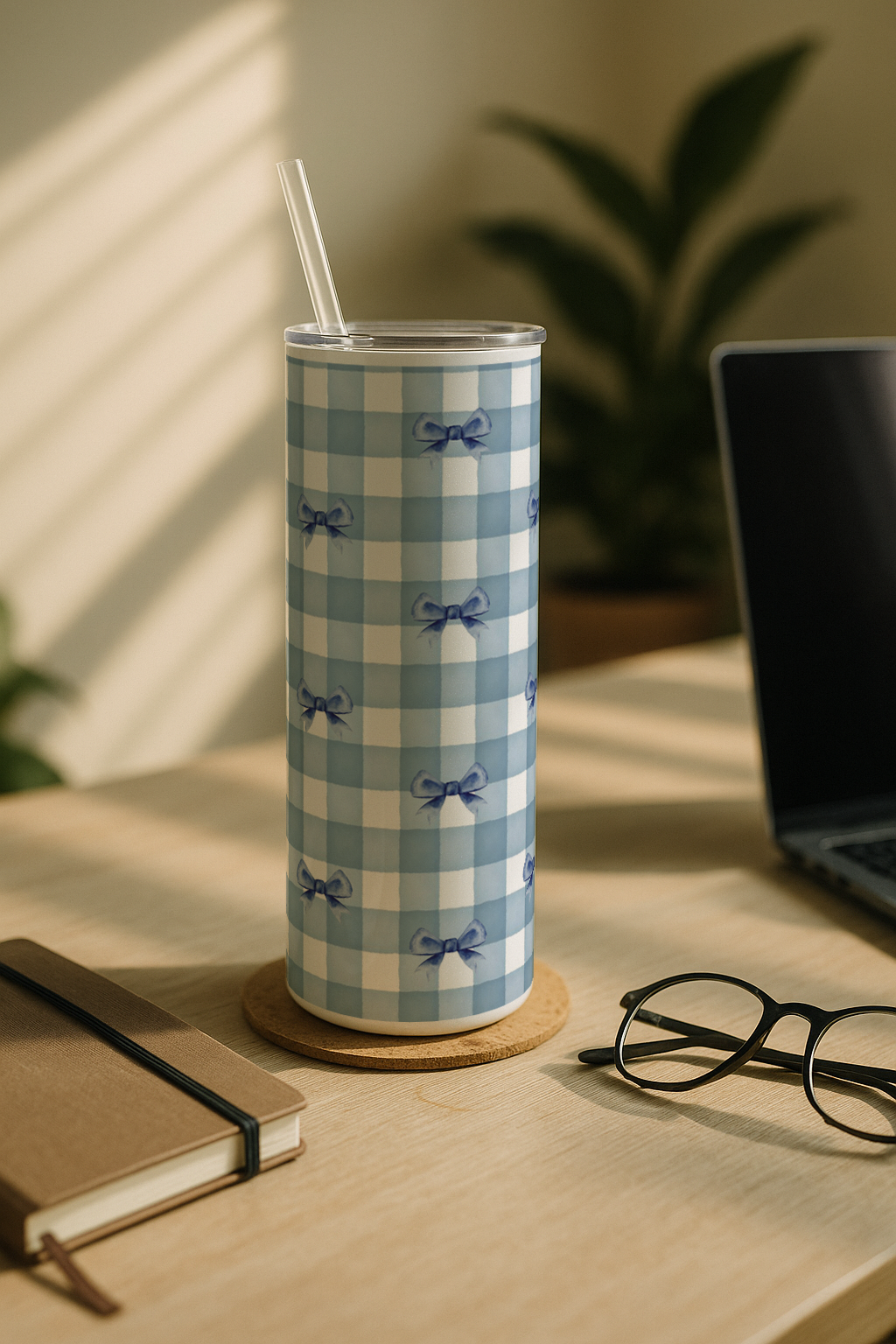 Colossal Tumbler 700ML with Straw| Blue Ghingham Bows Beauty Print |Double Walled Insulated Tumbler 7-8 hrs