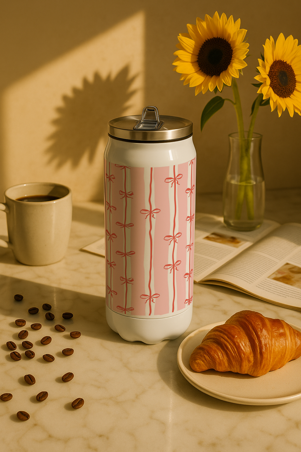 Ivora Metal Can Sipper 500 ML| Blush Bow Trail Print | Double Walled Hot And Cold Tumbler